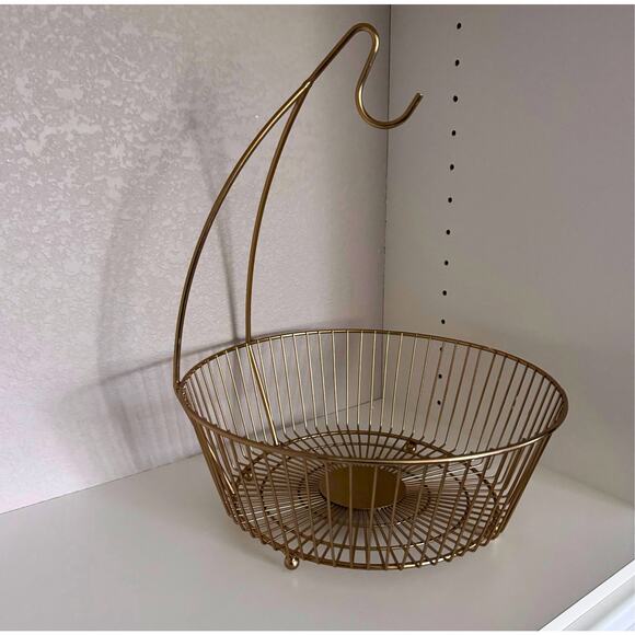 Metal Wire Fruit Basket w/ Banana Hanger | Iron Round Fruit Bowl & Banana Stand - Picture 2 of 6
